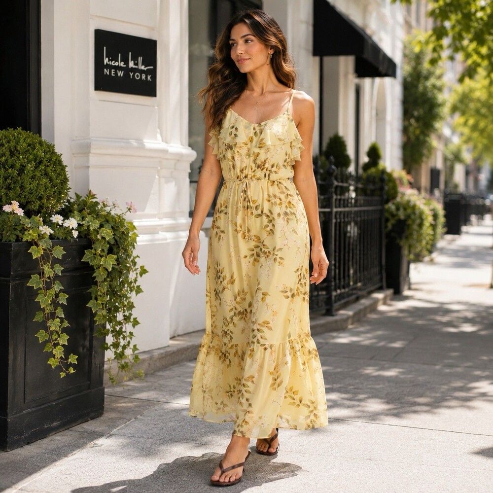 NICOLE MILLER NEW YORK New Women MEDIUM Maxi Dress Floral Ruffle TieWaist Yellow